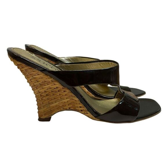 Franco Sarto Jaya Wedge Sandal Black Patent Leather Slip On Weaved Rattan Wicker - Picture 1 of 12